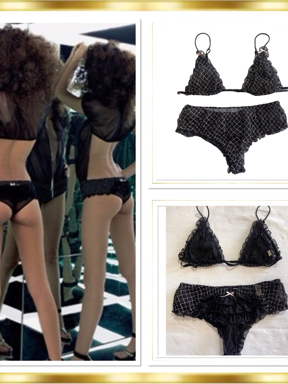 La Perla Black Label Nastrini  Diamond-Pattern Lace Bralette & Ruffle SET RARE